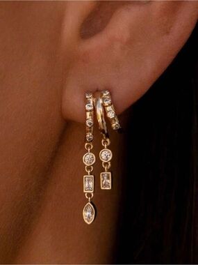 Gold Cubic Zirconia Drop Dangle Huggie Earrings - Gold